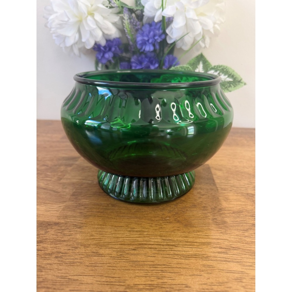 Vintage NAPCO Emerald Green Glass Compote Bowl Ribbed Pedestal Base MCM Decor